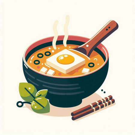 Illustration of a bowl of miso soup with a spoon and chopsticksのイラスト素材