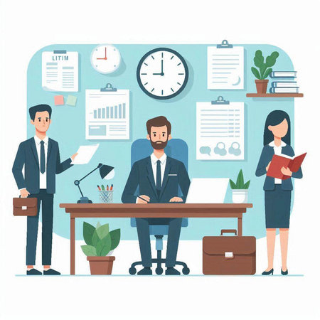 Businessman and businesswoman working together at office. Vector illustration.のイラスト素材