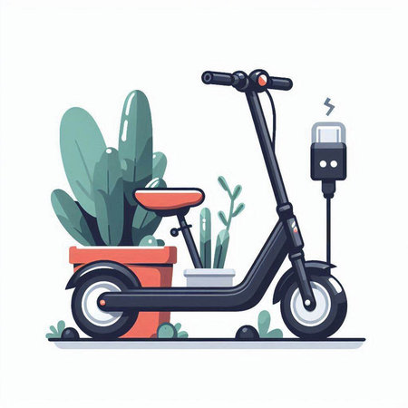 Electric scooter with a flower in a pot. Vector illustration.のイラスト素材
