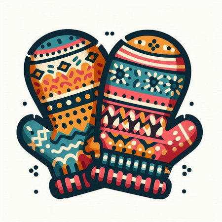 Hand drawn vector illustration of a pair of knitted mittens with ornament.のイラスト素材