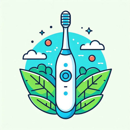 Electric toothbrush with green leaves. Vector illustration in linear style.のイラスト素材
