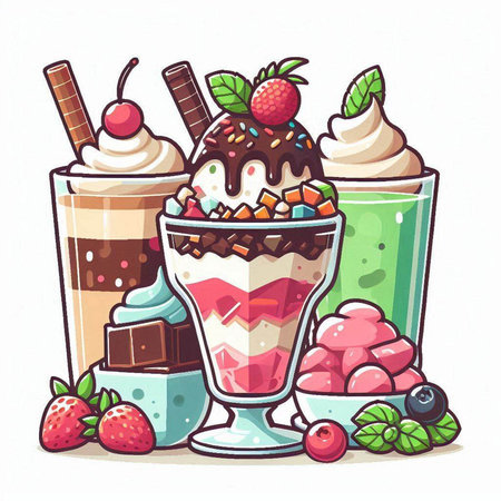 Vector illustration of a set of ice cream in a glass with different toppings.のイラスト素材