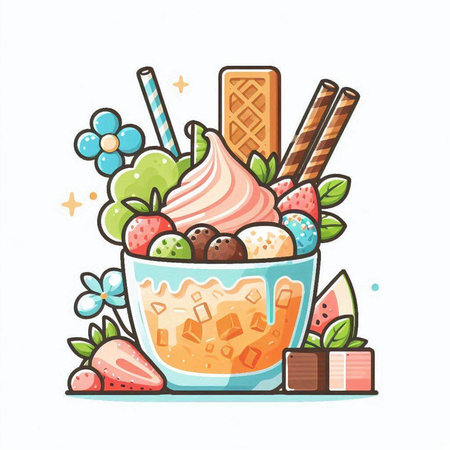Ice cream in a bowl with fruits and berries. Vector illustration.のイラスト素材