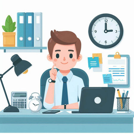 Businessman sitting at his desk in office. Flat style vector illustration.のイラスト素材