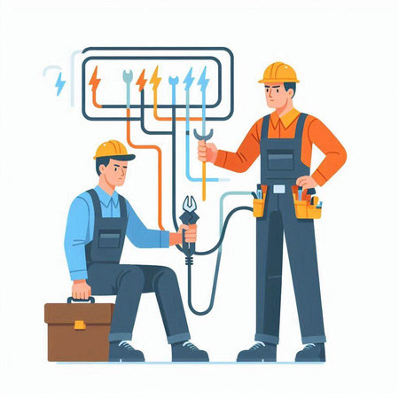 Electrician and electrician working with tools. Electrician, plumber, electrician, builder. Vector illustration in cartoon styleのイラスト素材