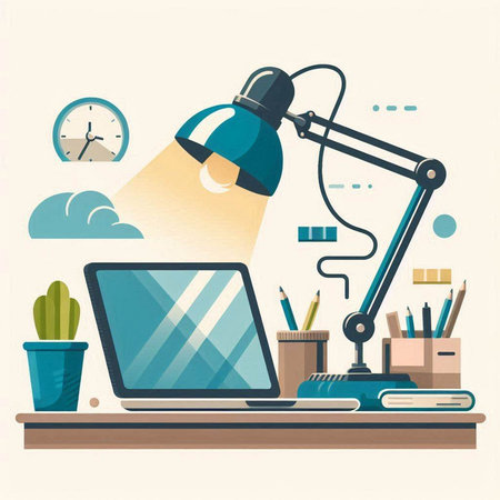 Workplace with laptop, lamp and office supplies. Flat style vector illustration.のイラスト素材