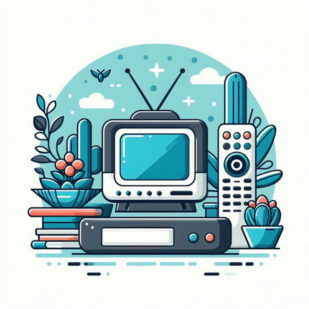 Retro tv and different home plants. Flat design vector illustration.のイラスト素材