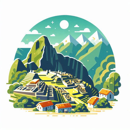 Mountain landscape with houses and trees. Hand drawn vector illustration.のイラスト素材