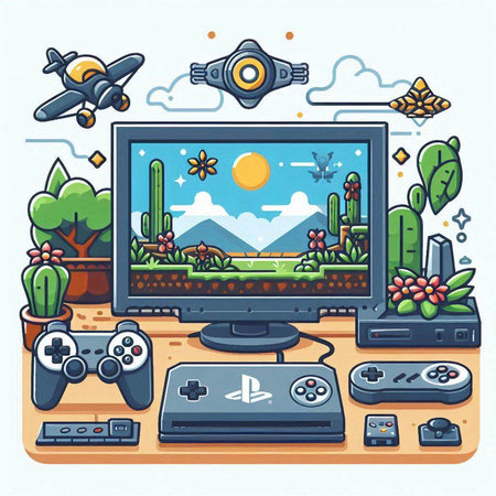 Vector illustration of a video game console with a lot of elements.のイラスト素材
