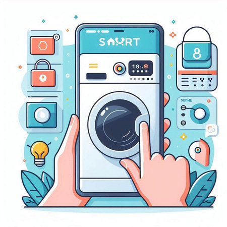 Smart home concept. Vector illustration in flat design style. Washing machine with remote control. Internet of things.のイラスト素材