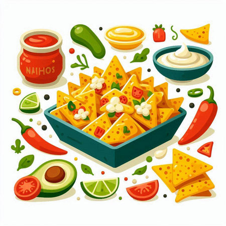 Mexican food vector illustration. Nachos, guacamole, salsa, cheese, chilli pepper, guacamole.のイラスト素材