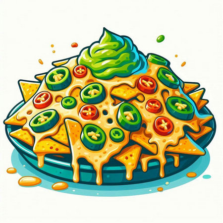 Illustration of a slice of pizza on a plate with green sauce.のイラスト素材