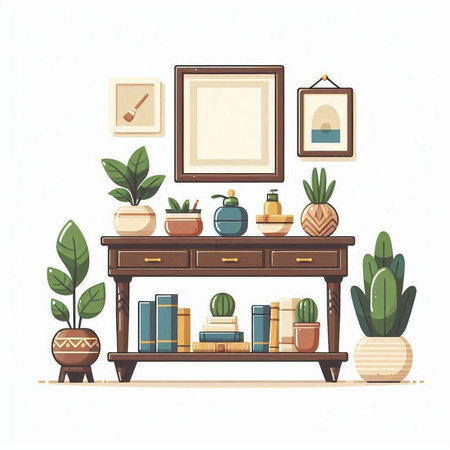 Vector illustration of a shelf with books, plants and picture frames.のイラスト素材