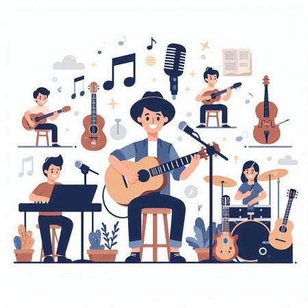 Musical instruments. Flat style vector illustration. Guitarist, musician, singer, guitarist, musician.のイラスト素材