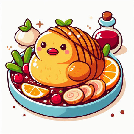 Funny cartoon chicken in a bowl with cranberry sauce. Vector illustration.のイラスト素材