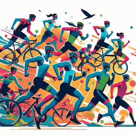 Group of people cycling race. Sport vector illustration in retro style.のイラスト素材