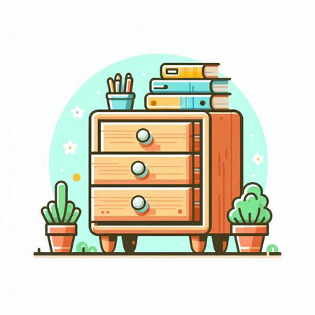 Wooden cabinet with books and cacti. Vector illustration.のイラスト素材