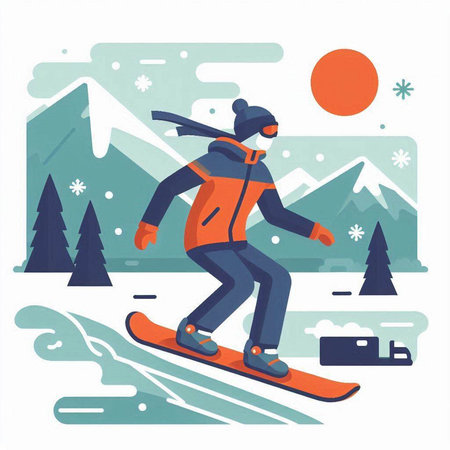 Snowboarder in the mountains. Vector illustration in flat style.のイラスト素材