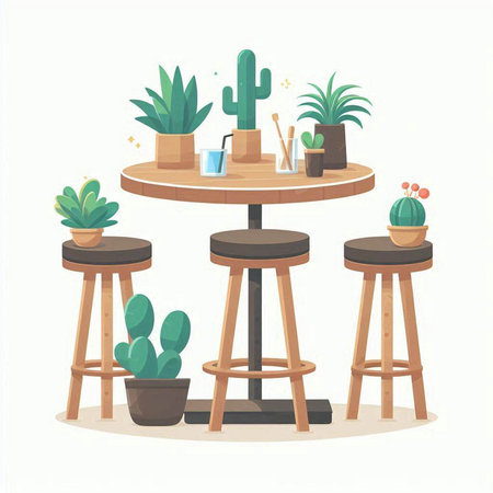 Cactuses and succulents on a wooden table. Vector illustration.のイラスト素材
