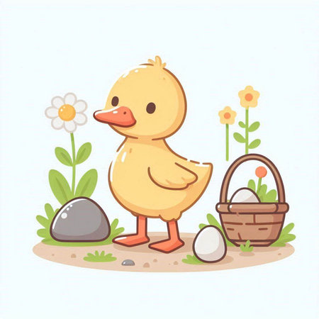 Vector illustration of cute cartoon duckling with basket of flowers and eggsのイラスト素材