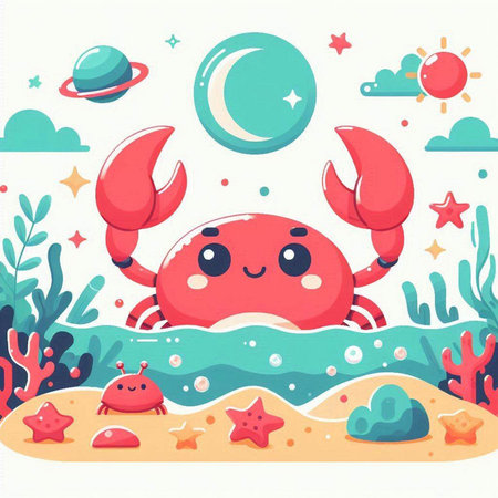 Cute cartoon crab in the sea. Vector illustration in a flat style.のイラスト素材