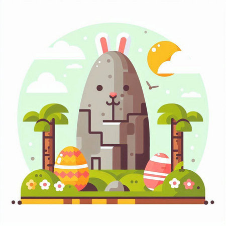 Easter egg hunt flat vector illustration. Happy easter concept. Easter eggs hunt with rabbit.のイラスト素材