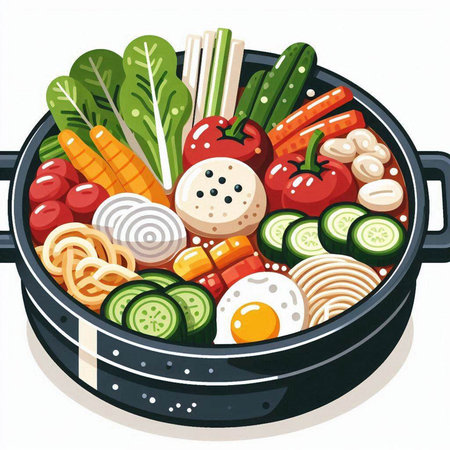 Illustration of a hot pot with vegetables on a white background.のイラスト素材