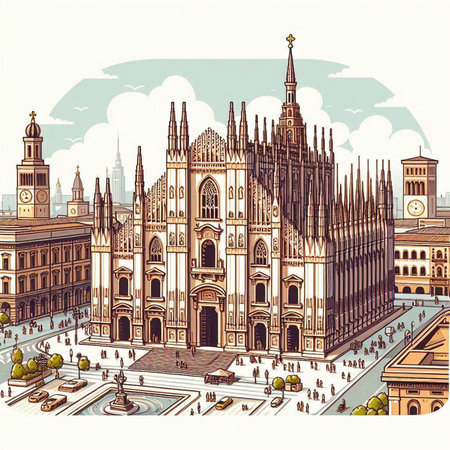 Cathedral of Milan, Italy. Hand drawn vector illustration. Retro style.のイラスト素材
