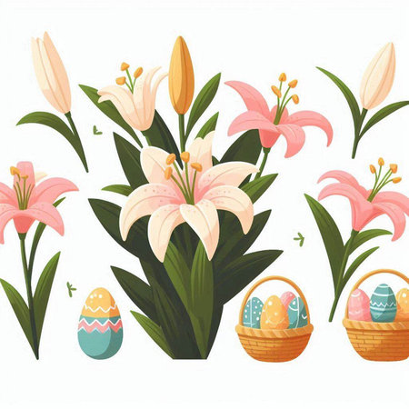 Easter background with lily flowers, eggs and basket. Vector illustration.のイラスト素材