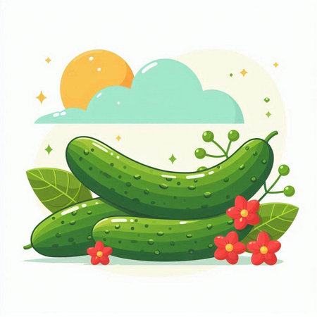 Cucumbers and flowers on a white background. Vector illustration.のイラスト素材