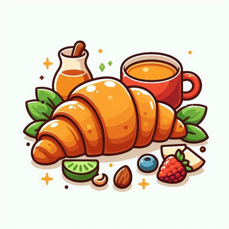 Illustration of a croissant with a cup of coffee and fruitsのイラスト素材