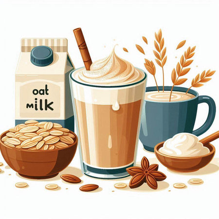 Coffee cup with milk and ingredients on white background. Vector illustration.のイラスト素材