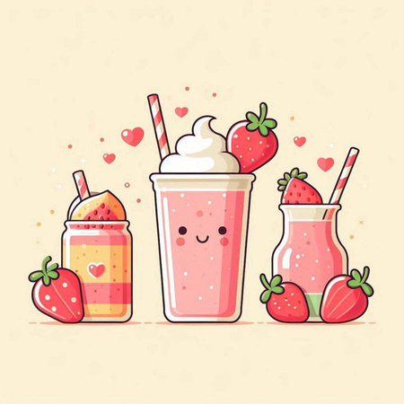 Strawberry milkshake and smoothies. Vector illustration.のイラスト素材