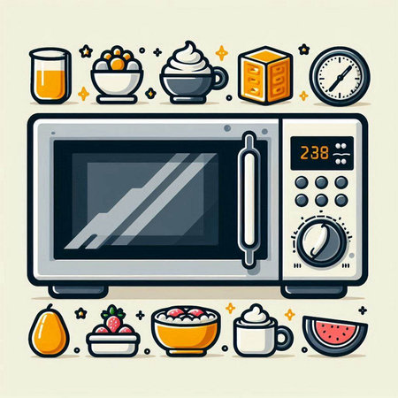 Kitchen appliances icons set. Microwave, microwave, watermelon, ice cream, eggs, yogurt, coffee, watermelon.のイラスト素材