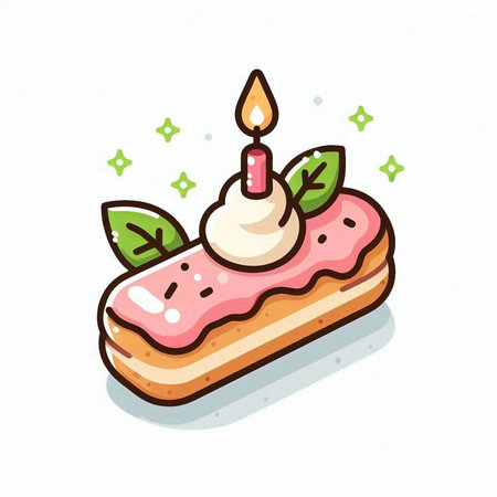 Birthday cake with candle on white background. Cute vector illustration.のイラスト素材