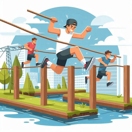 Vector illustration of young man in sportswear running on rope courseのイラスト素材