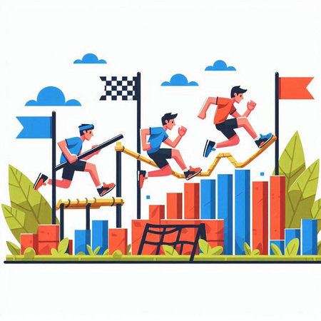 Vector illustration of people jumping over the obstacles in the race. Flat style design.のイラスト素材