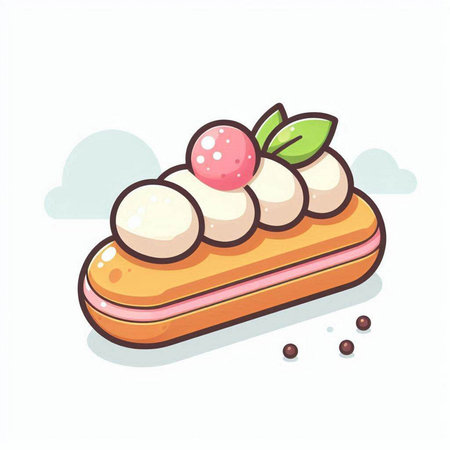 Eclair with cream and berries on a white background. Vector illustrationのイラスト素材