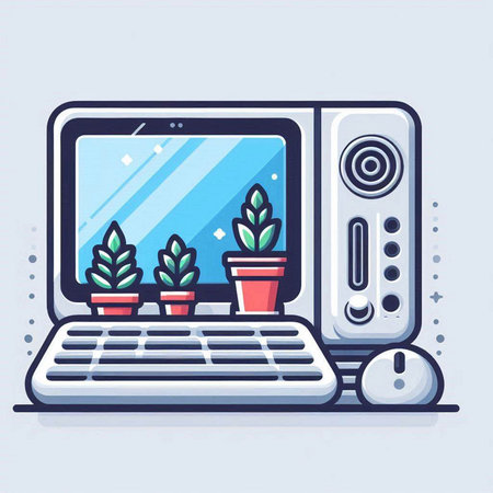 Vector illustration of a laptop with a potted plant. Flat line art design.のイラスト素材