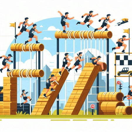 Sportive people running on obstacle course. Flat style vector illustration.のイラスト素材