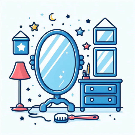 Vector illustration of a dressing room with a mirror, a nightstand, a lamp and a bedside tableのイラスト素材