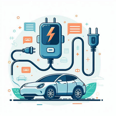 Electric car charging with power cable. Vector illustration in flat style.のイラスト素材