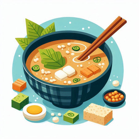 Japanese miso soup with tofu and soy sauce. Vector illustration.のイラスト素材