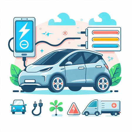 Electric car charging station flat vector illustration. Electric vehicle charging station.のイラスト素材