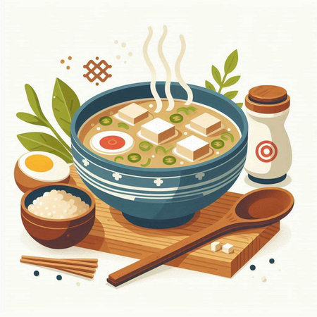 Japanese miso soup in a bowl on a wooden board. Vector illustration.のイラスト素材