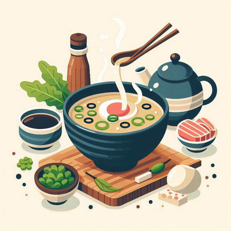 Japanese soup in a bowl with chopsticks. Vector illustration in cartoon style.のイラスト素材