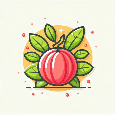 Peach and leaves icon. Vector illustration in flat cartoon style.のイラスト素材