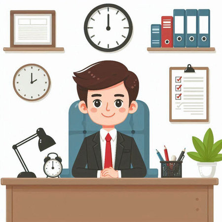Businessman sitting at the desk in office. Vector cartoon illustration.のイラスト素材