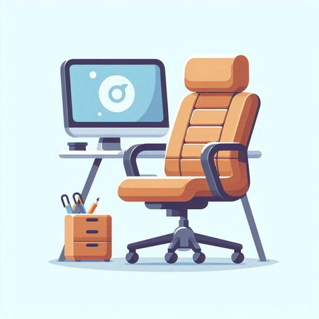 Office chair with computer and stationery. Vector illustration in cartoon styleのイラスト素材