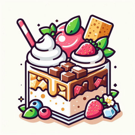 Vector illustration of a piece of cake with ice cream and strawberries.のイラスト素材